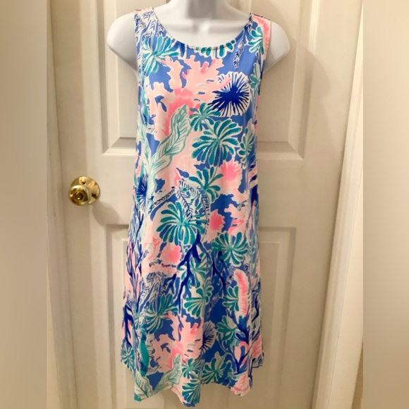 EUC Lilly Pulitzer Kristen Swing Dress Multi Jet Stream Lattice Blue Pink - L - Picture 4 of 12